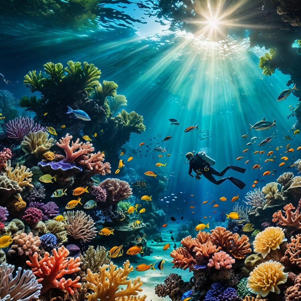 A serene underwater scene featuring a diver exploring a vibrant coral reef, with a variety of colorful fish swimming around. Above the water, a lush green landscape symbolizes balanced living, with elements of healthy food beautifully arranged on a picnic blanket. Sun rays penetrate through the water, illuminating the beauty of both worlds. The composition captures the harmony between nature and nourishment. super-realistic. vibrant colors. underwater and landscape blend.