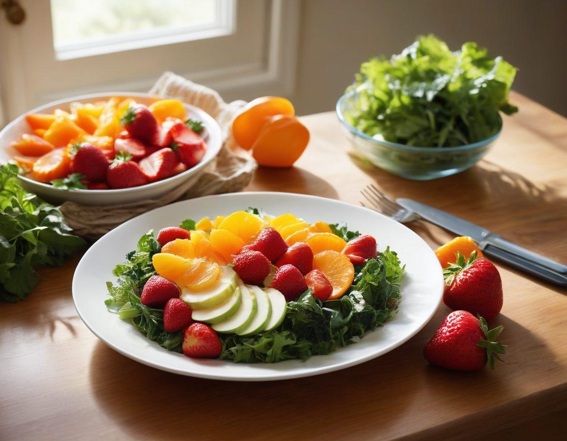 A vibrant table spread overflowing with colorful, healthy foods like fresh fruits, vegetables, and whole grains, symbolizing transformation from unhealthy to healthy eating. In the background, a side-by-side comparison of an empty plate and a filled plate, reflecting the journey from starvation to satisfaction. A glowing sunbeam illuminates the scene, creating a warm, inviting atmosphere. super-realistic. vibrant colors.