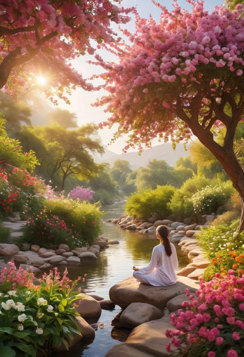 A serene landscape depicting a person meditating under a blossoming tree, surrounded by fresh fruits and vegetables, with a flowing river in the background symbolizing health and vitality. Bright colors represent wellness, while ethereal light filters through the leaves. In the foreground, a path made of colorful spices leads into a tranquil setting. vibrant colors. super-realistic.